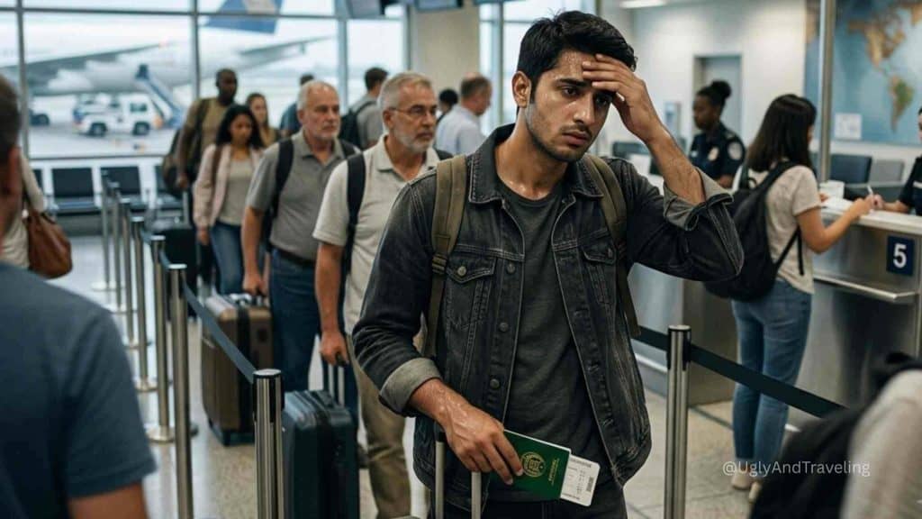 Crowd of travelers waiting in queue at airport with passports and luggage.
