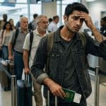 Crowd of travelers waiting in queue at airport with passports and luggage.