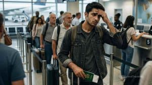 Crowd of travelers waiting in queue at airport with passports and luggage.