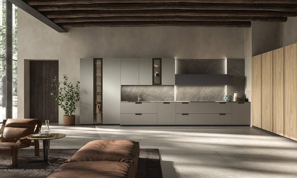 Contemporary urban home interior featuring minimalist kitchen and cozy living space.