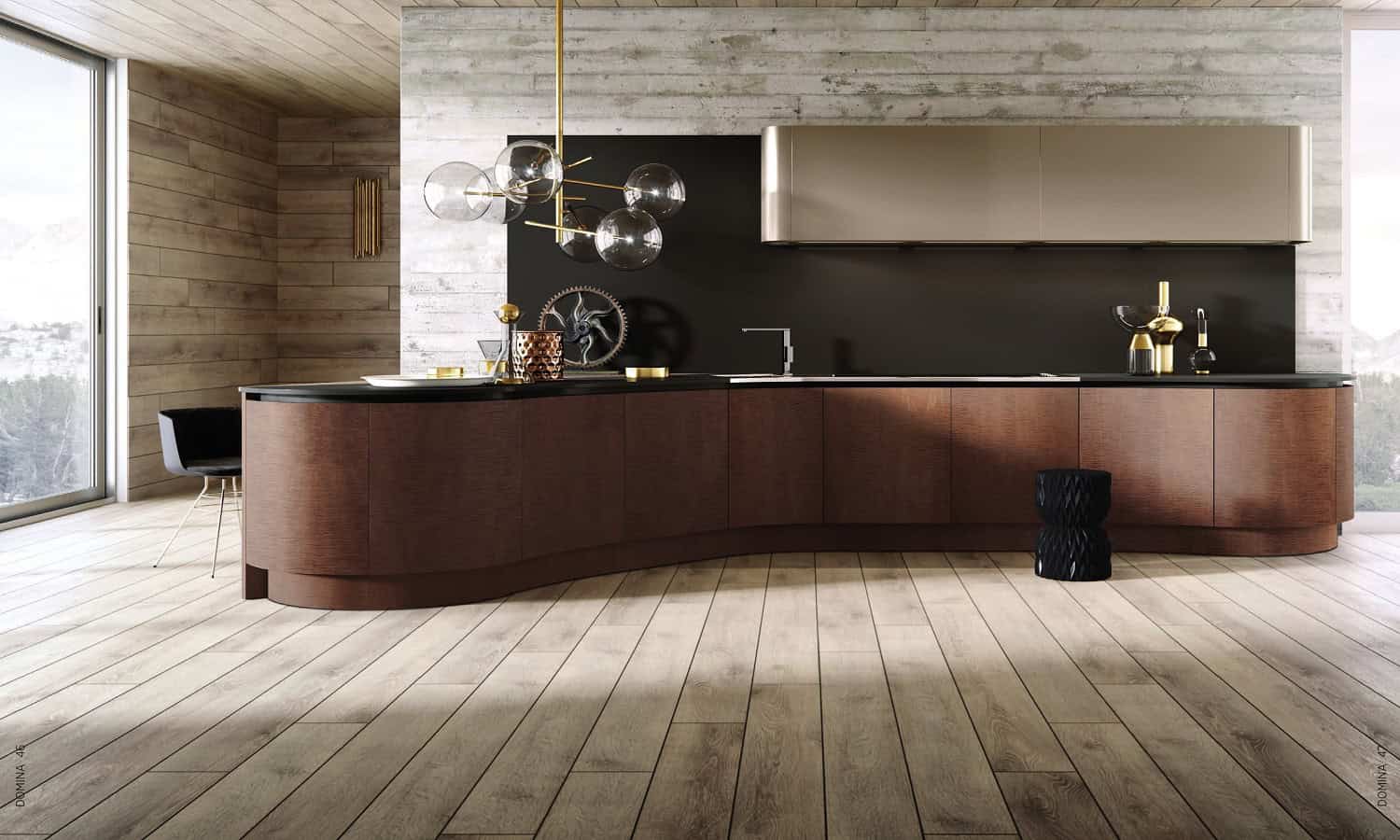 Bright and stylish urban kitchen featuring sleek wooden cabinetry and contemporary lighting fixtures.