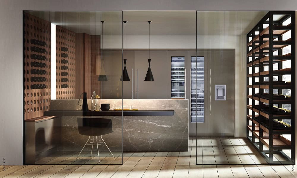 Urban Homes kitchen with wine storage and contemporary design elements.