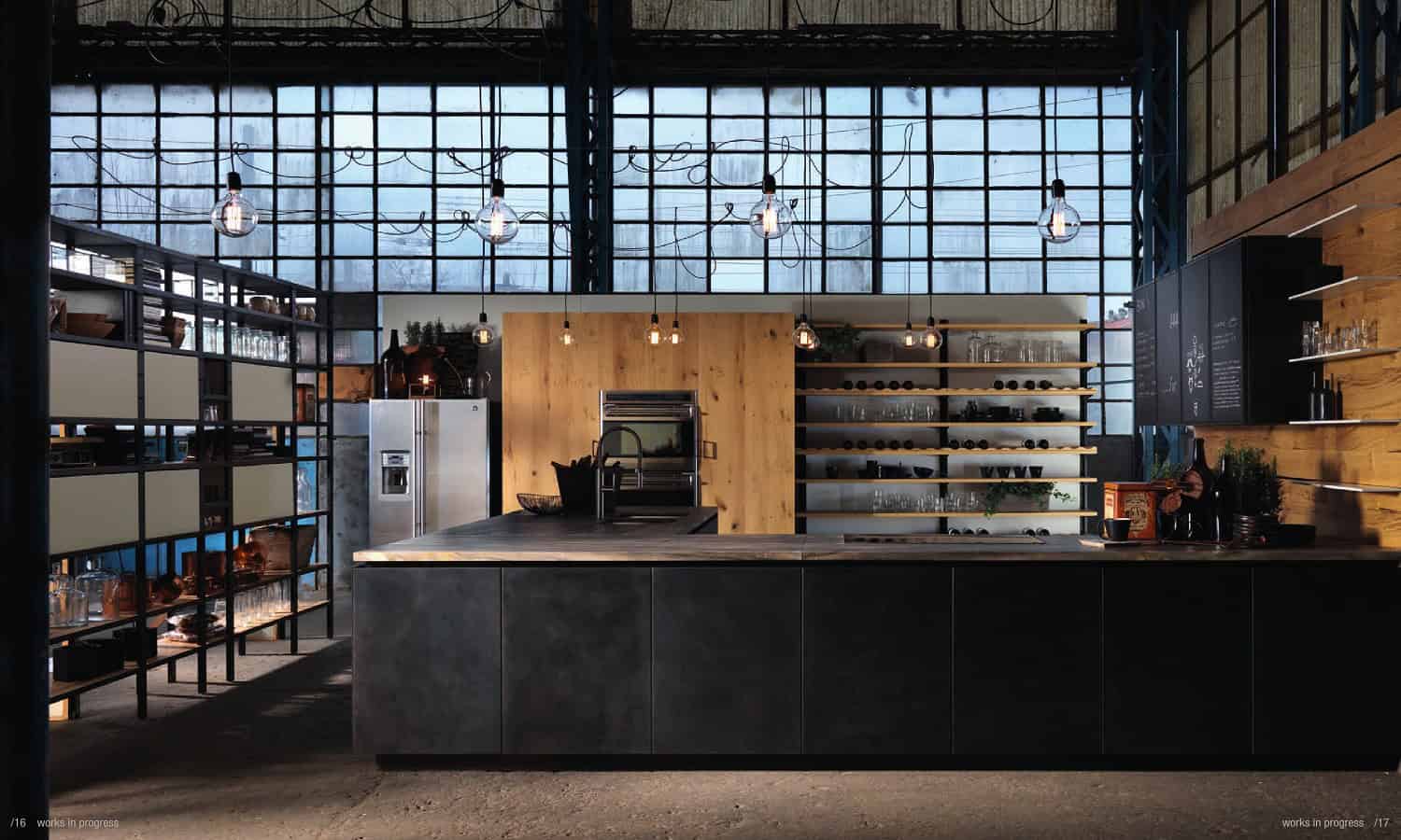 Stylish urban home interior featuring modern industrial design with sleek finishes and open shelving.