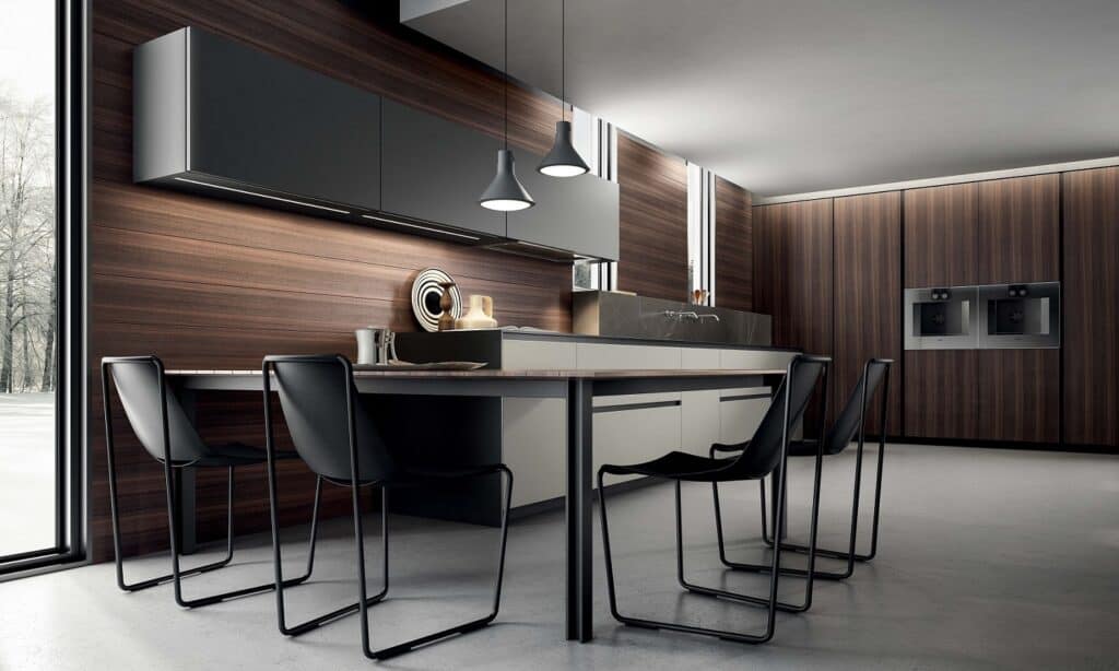 Urban Homes modern kitchen with sleek dark wood cabinets and minimalist design.