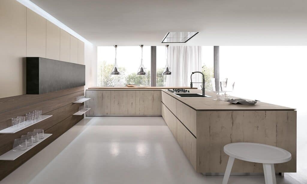 Urban Homes modern minimalist kitchen with natural light and sleek design.
