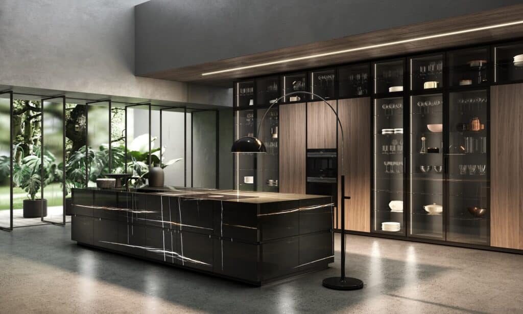 Urban Homes modern kitchen with black cabinetry and wooden accents, featuring sleek design and conte.
