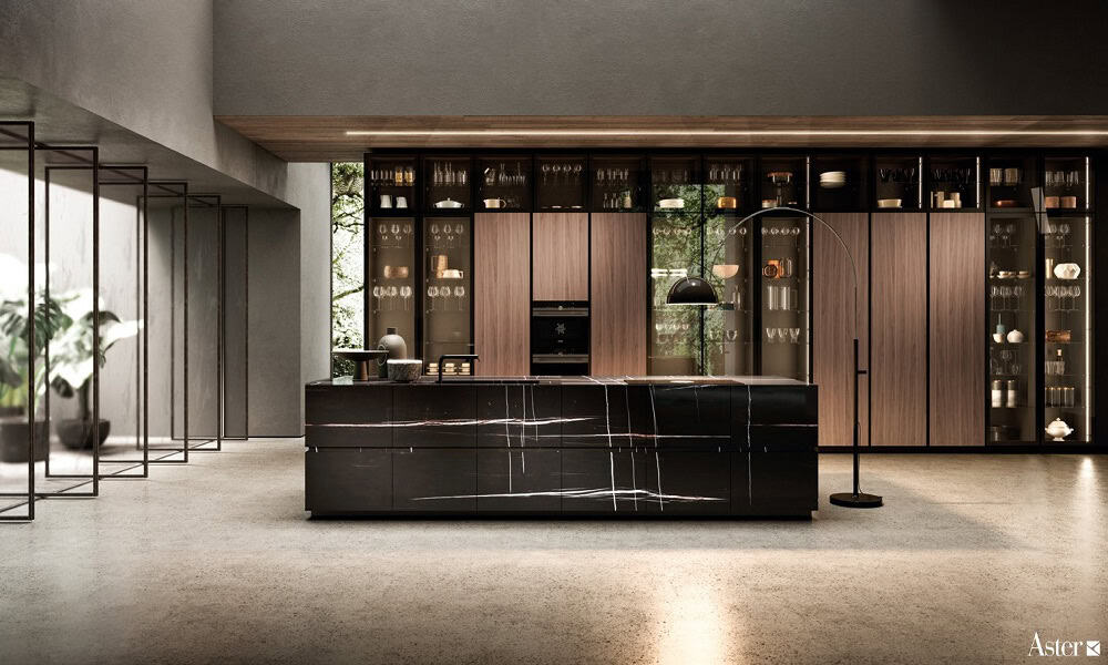 Urban Homes modern kitchen with wooden cabinetry and a sleek black island. Spacious, stylish, and pe.