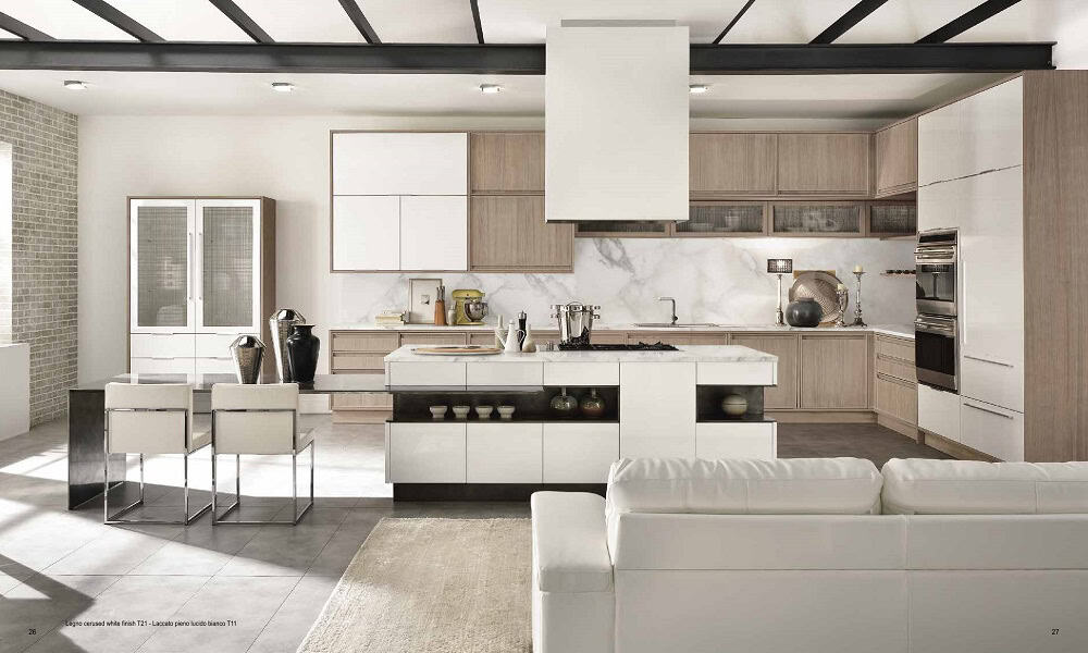 Urban Homes modern kitchen with sleek white cabinetry and marble accents, perfect for contemporary c.