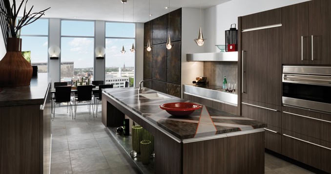Urban Homes modern kitchen with dark wood cabinets and spacious design.