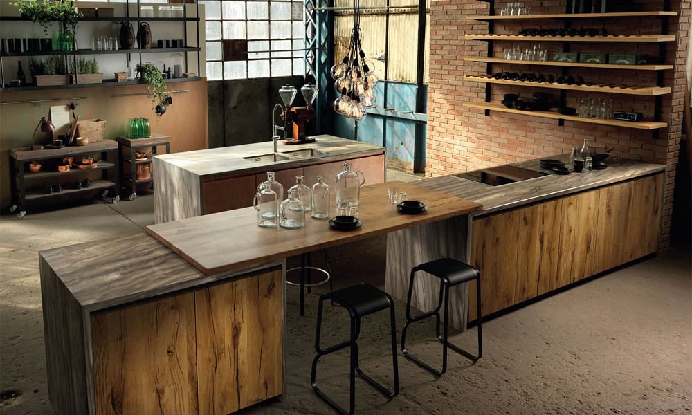 Urban Homes kitchen with wooden countertops and industrial decor.