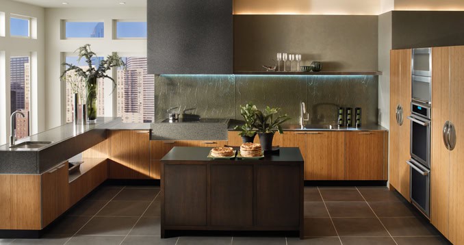 Urban Homes kitchen with contemporary design, wooden cabinetry, and large windows for natural light.