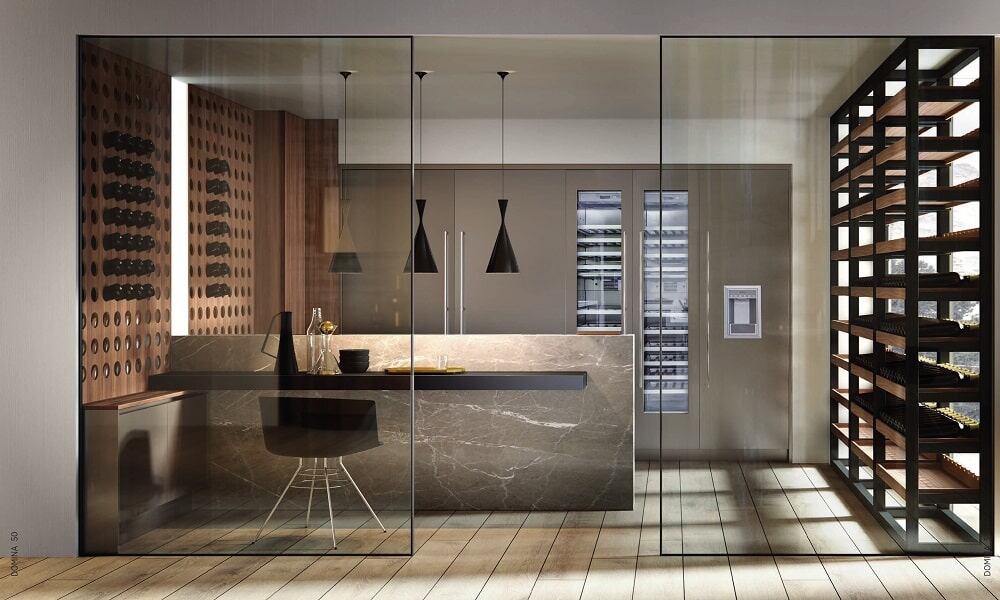 Urban Homes modern kitchen with wine storage, minimalist decor, and contemporary finishes.