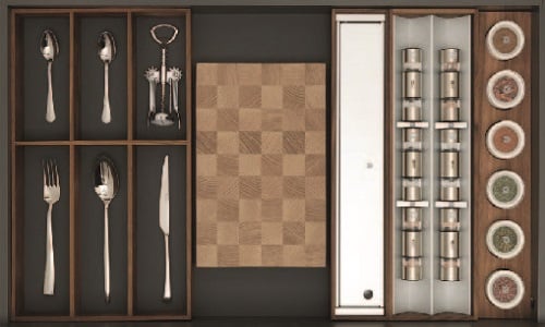 Urban Homes kitchen utensils and storage organization with cutlery, spices, and kitchen tools.