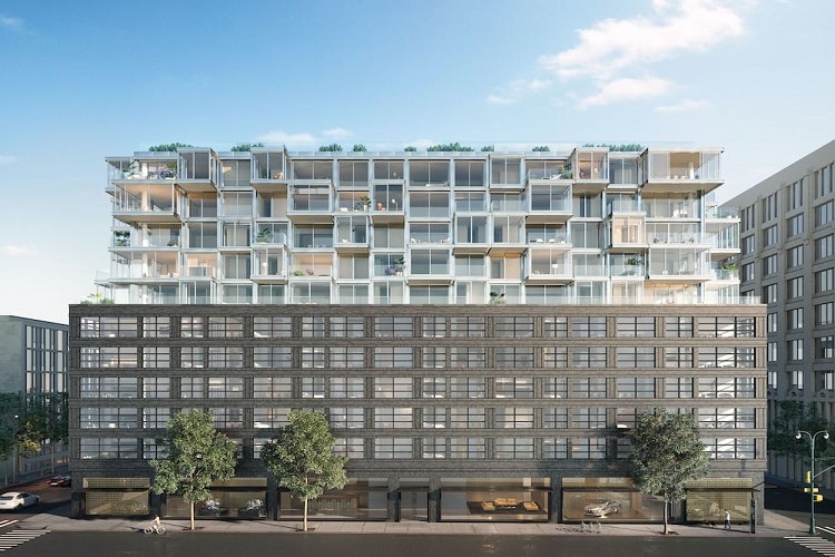 Contemporary urban apartment complex with glass balconies and mixed-use ground floor.