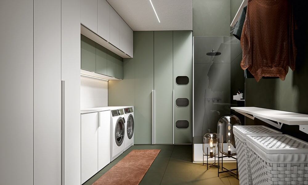 Elegant laundry room cabinets with built-in washer and dryer for organized space.