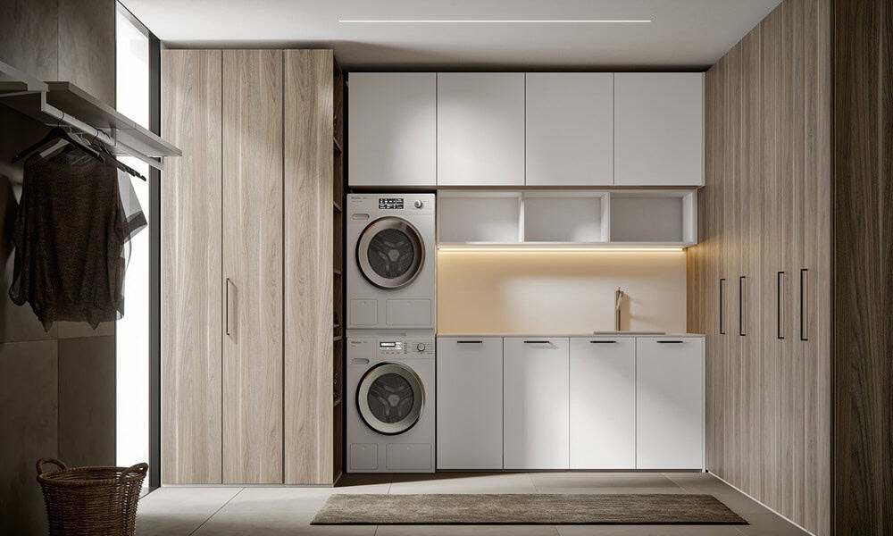 Efficient laundry room cabinets with sleek design, maximizing storage in urban homes. Perfect for or.