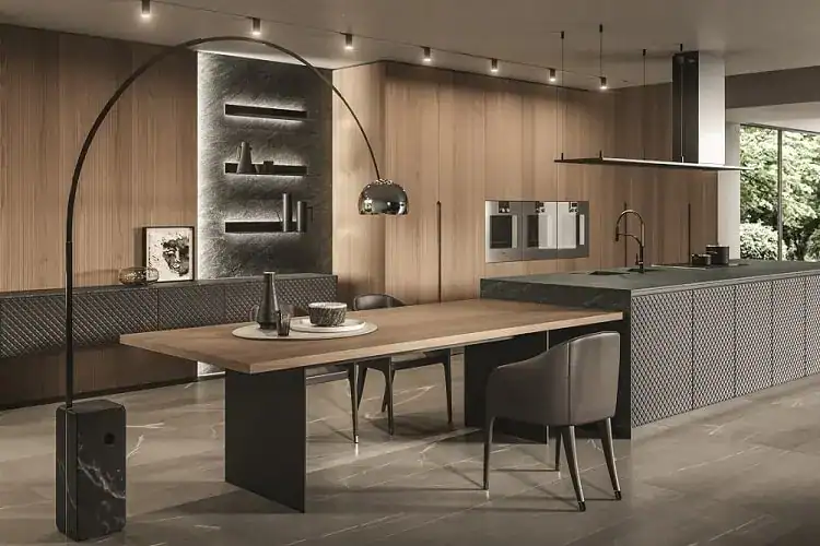 Urban Homes modern kitchen with wooden paneling, minimalist decor, and contemporary appliances.