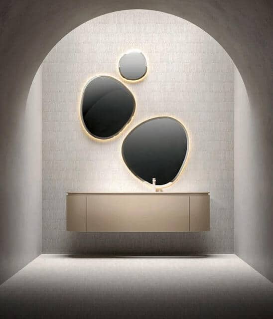 Contemporary European bathroom cabinet with three stylish mirrors above a sleek vanity.