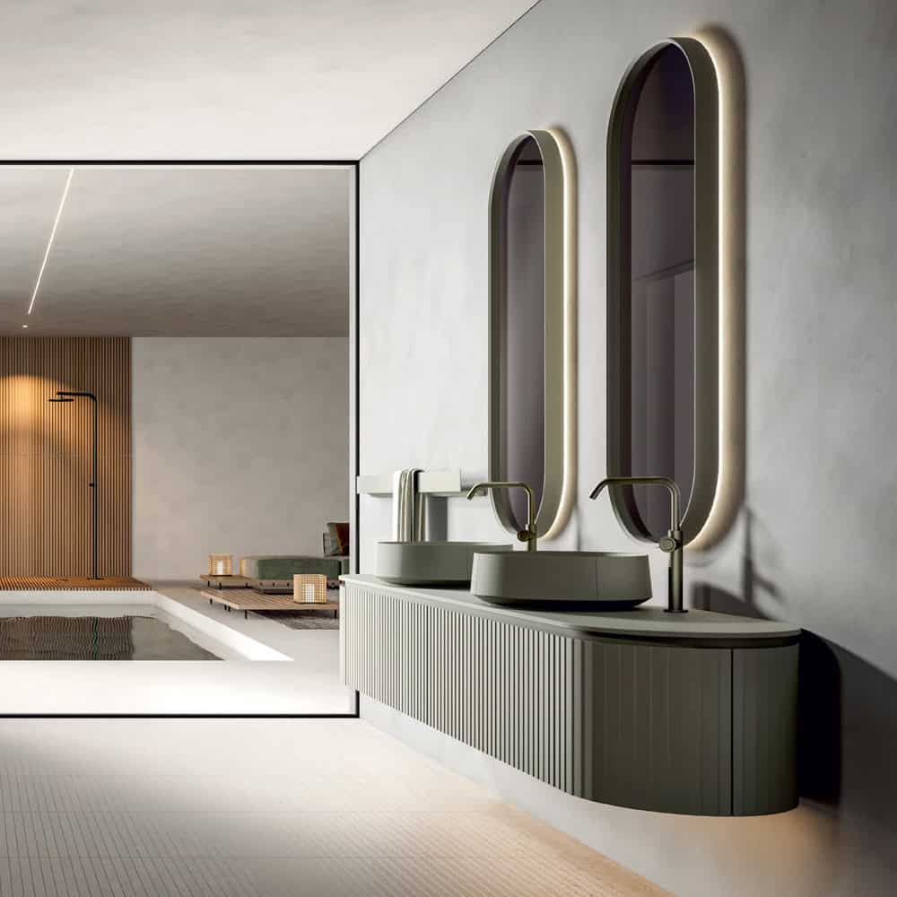 Elegant European bath cabinet with integrated mirrors and sleek design.