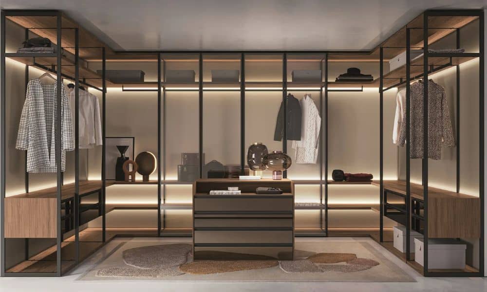 Walk-in closet with modern shelving, clothing racks, and organized storage solutions.