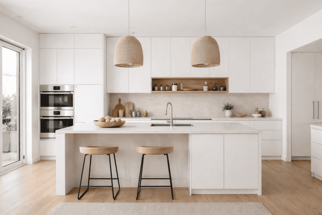 Modern European kitchen cabinets with minimalist design and white finish.