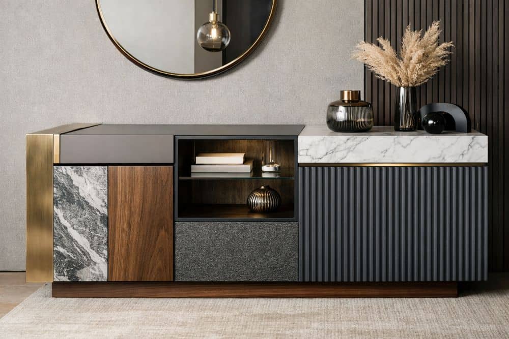 Stylish urban sideboard featuring marble, wood, and textured finishes for contemporary living spaces.