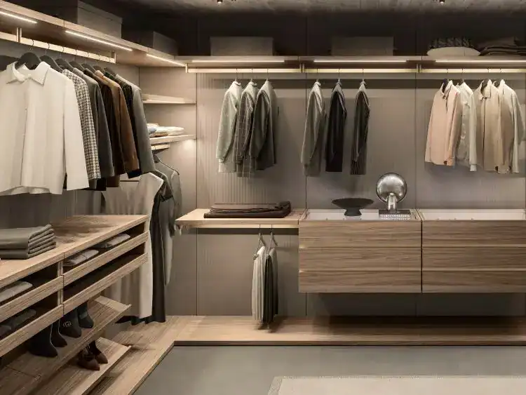 Walk-in closet with organized clothing and storage solutions for a modern home.