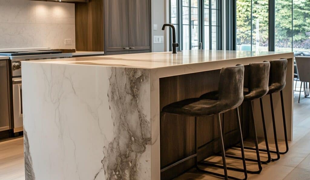 Contemporary urban kitchen featuring a marble-topped island and sleek bar stools.