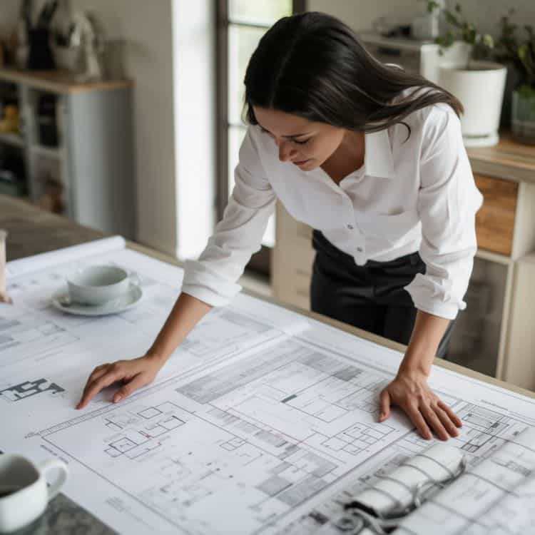 Woman reviewing architectural plans for urban home design in a modern kitchen.