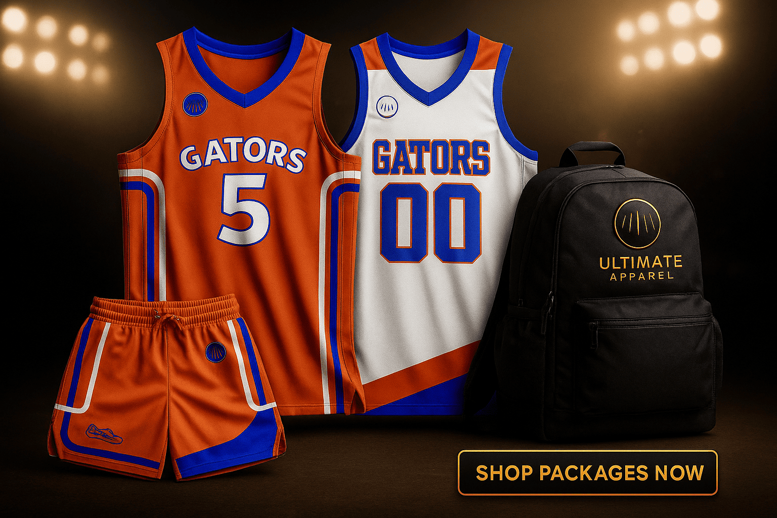Uniforms + travel suit + backpack under stadium lights
