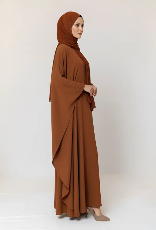 Abaya with matching hijab in warm brown, perfect for modest fashion and special occasions.