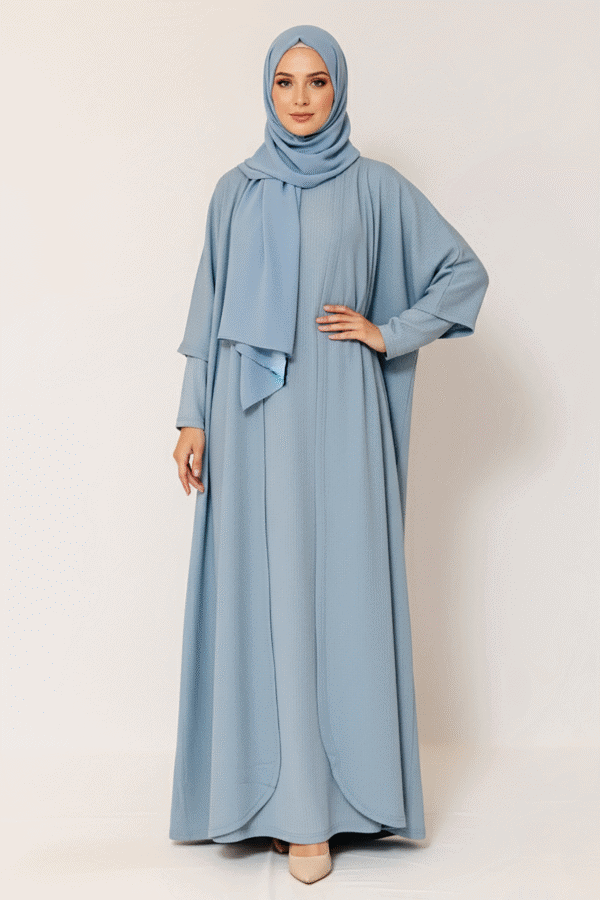 Elegant light blue modest dress with hijab for special occasions.
