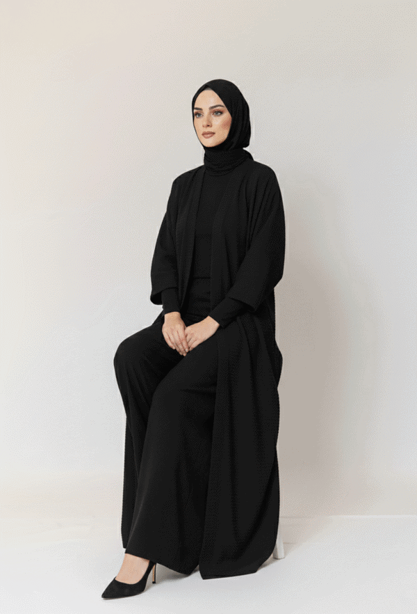 Woman wearing a stylish black abaya and hijab, modest fashion for women.