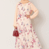 Elegant floral maxi dress with a beige hijab, perfect for modest fashion and special occasions.
