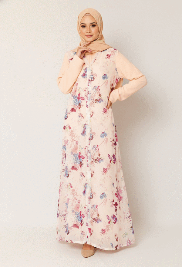 Elegant floral modest dress with hijab, perfect for special occasions and cultural events.