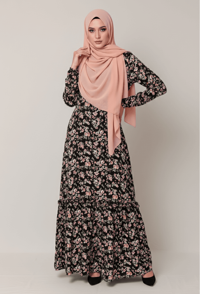 A woman wearing a floral maxi dress and a pink hijab, standing confidently against a plain backgroun.