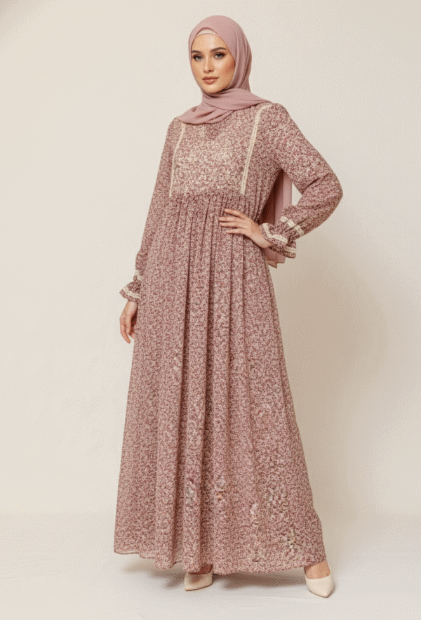 Elegant modest pink floral maxi dress with hijab, perfect for special occasions and cultural events.