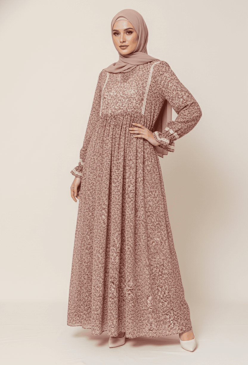 Elegant modest pink floral maxi dress with hijab, perfect for special occasions and cultural events.
