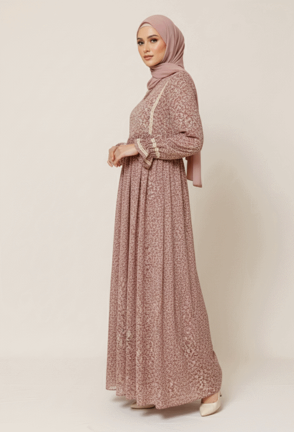 Elegant modest pink floral maxi dress with matching hijab, perfect for special occasions and cultura.