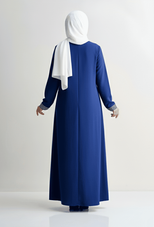 Elegant blue modest abaya with white hijab, full-length Islamic fashion outfit.