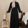 Polka dot maxi dress with modest long sleeves, perfect for elegant occasions and daily wear.