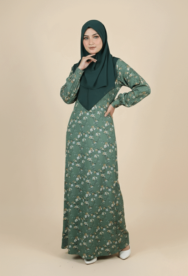 Elegant floral maxi dress with hijab for women, perfect for modest fashion and special occasions.