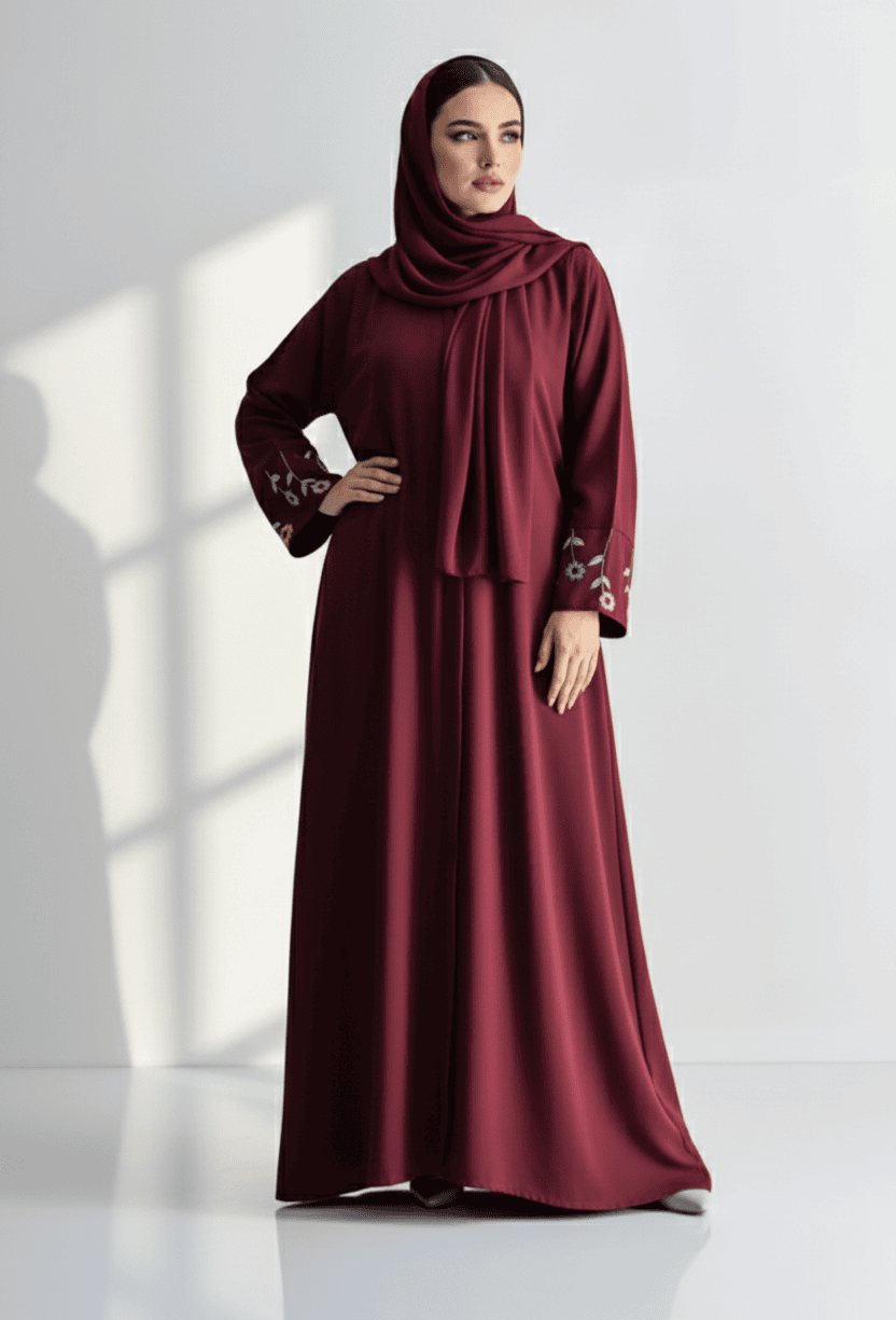 Beautiful maroon abaya with embroidered sleeve details, modest and stylish for special occasions.