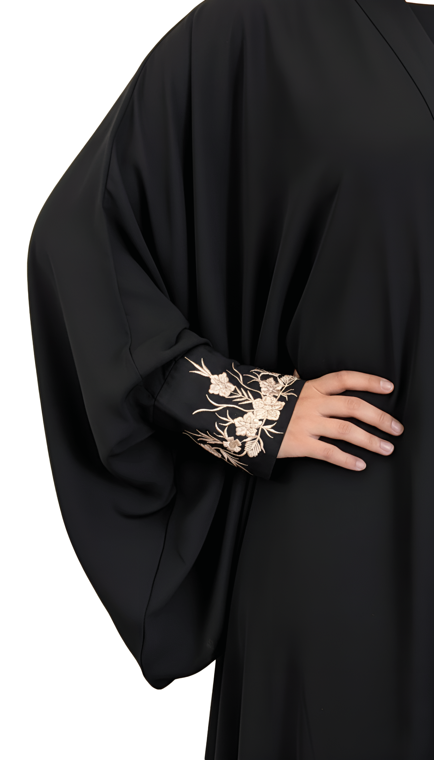 Elegant black abaya with intricate gold embroidery on sleeve, showcasing traditional Islamic fashion.