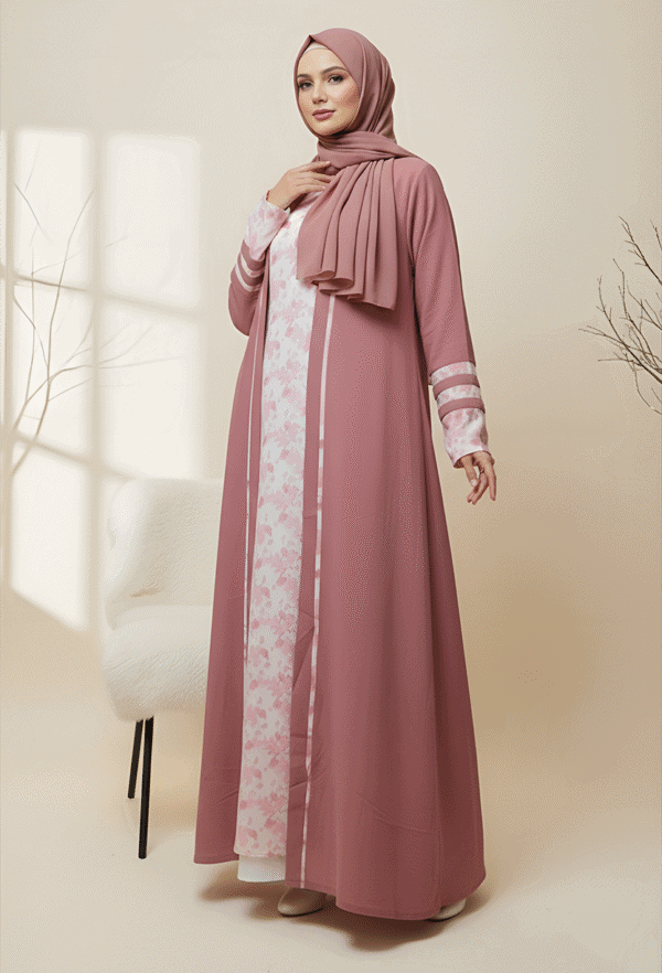 Stylish pink hijab and abaya for women, perfect modest fashion, contemporary Muslim apparel, Umeed Designs.