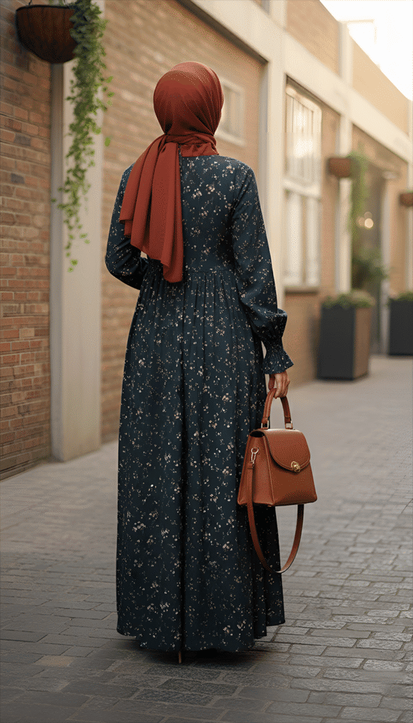 Elegant modest woman in floral dress with hijab walking outdoors in urban setting.