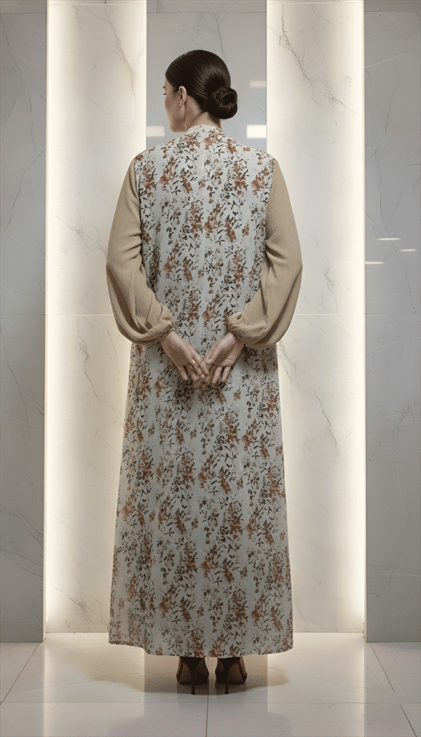 Elegant floral embroidered long dress with beige sleeves and intricate design.