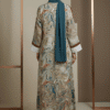 Elegant marble-patterned abaya with blue scarf, stylish and modest fashion for women.