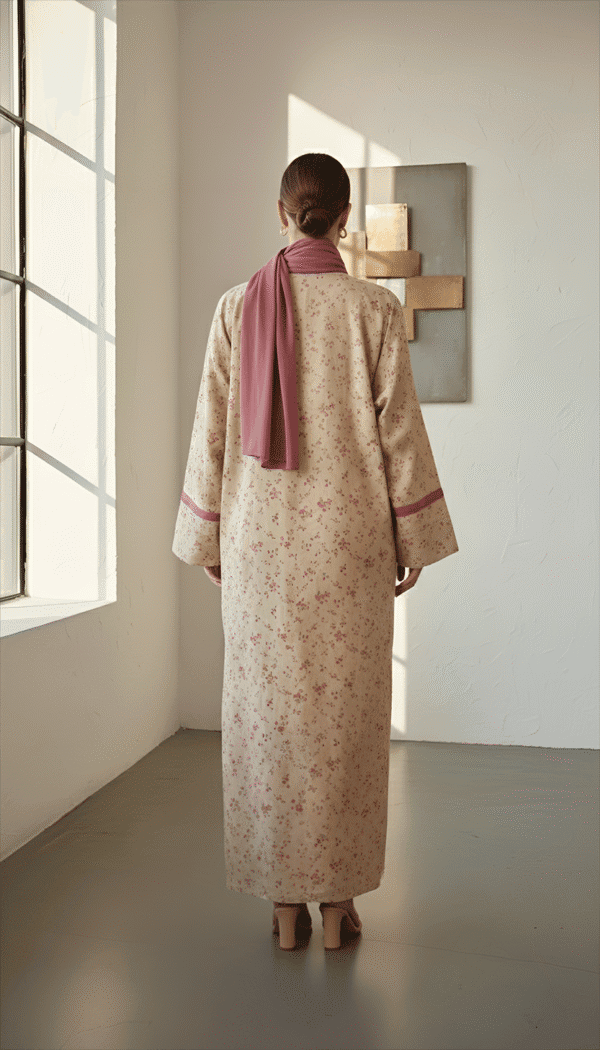 Woman wearing a beige floral kurta with pink dupatta, standing near a window.