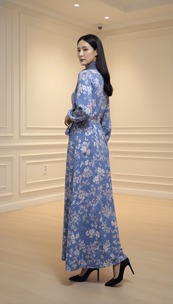 Woman in a blue floral maxi dress standing indoors, showcasing stylish fashion.
